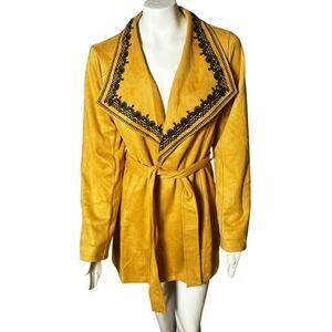 Solitaire Mustard with Black Embroidered Collar Lined Women's Jacket